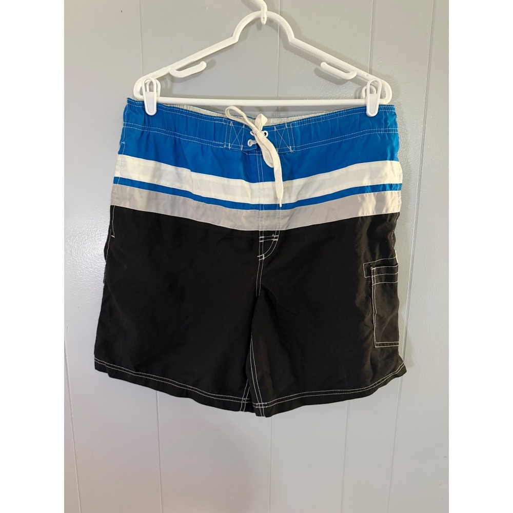 Faded Glory Swim Trunks Mens M Colorblock Board Shorts Blue White Black EUC